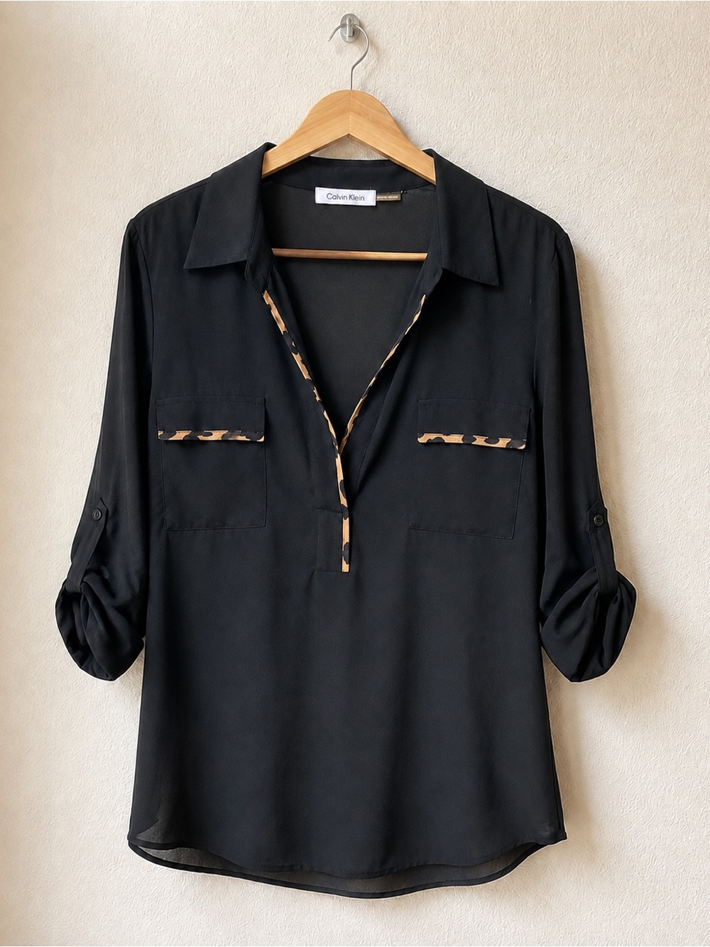 Calvin Klein M Black Leopard Trim Split Neck Roll Tab Utility Blouse